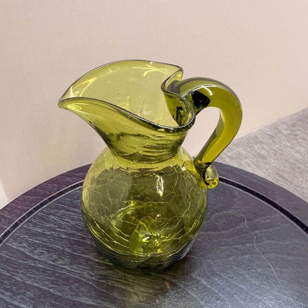 VTG MCM Olive Green Crackle Glass Pitcher Small Hand Blown Creamer 12oz